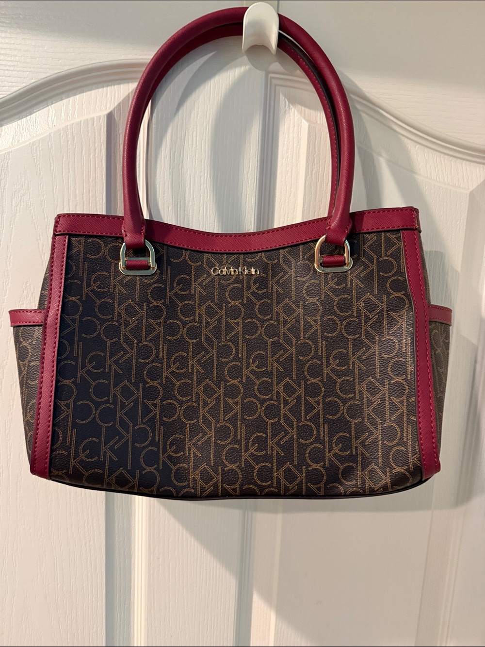 Calvin Klein Brown Monogram Satchel with Burgundy Trim